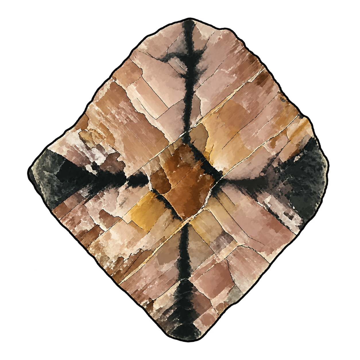 A diamond-shaped section in dusty rose and warm beige carries four dark arms around an irregular ochre center. Pale seams interrupt the surface, giving the painted cross the uneven character of an inclusion pattern rather than a printed emblem.