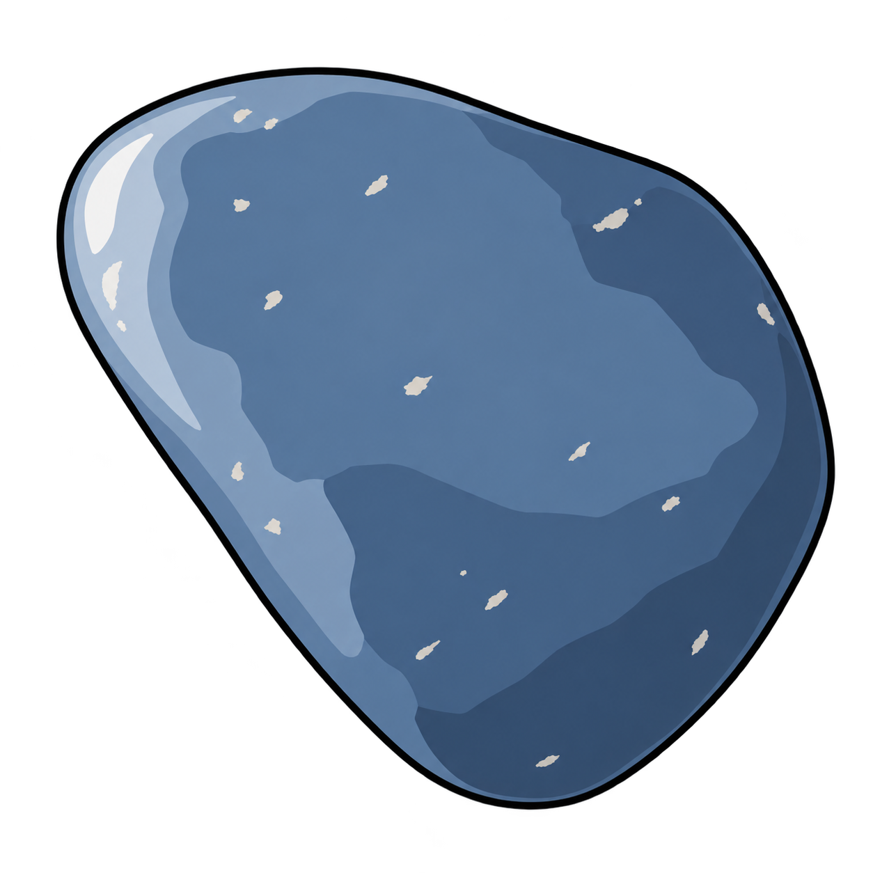 A rounded blue-grey stone carries scattered cream flecks and a broad pale reflection across its left side. Deeper blue shading along the right edge gives the smooth form a quiet sense of weight.