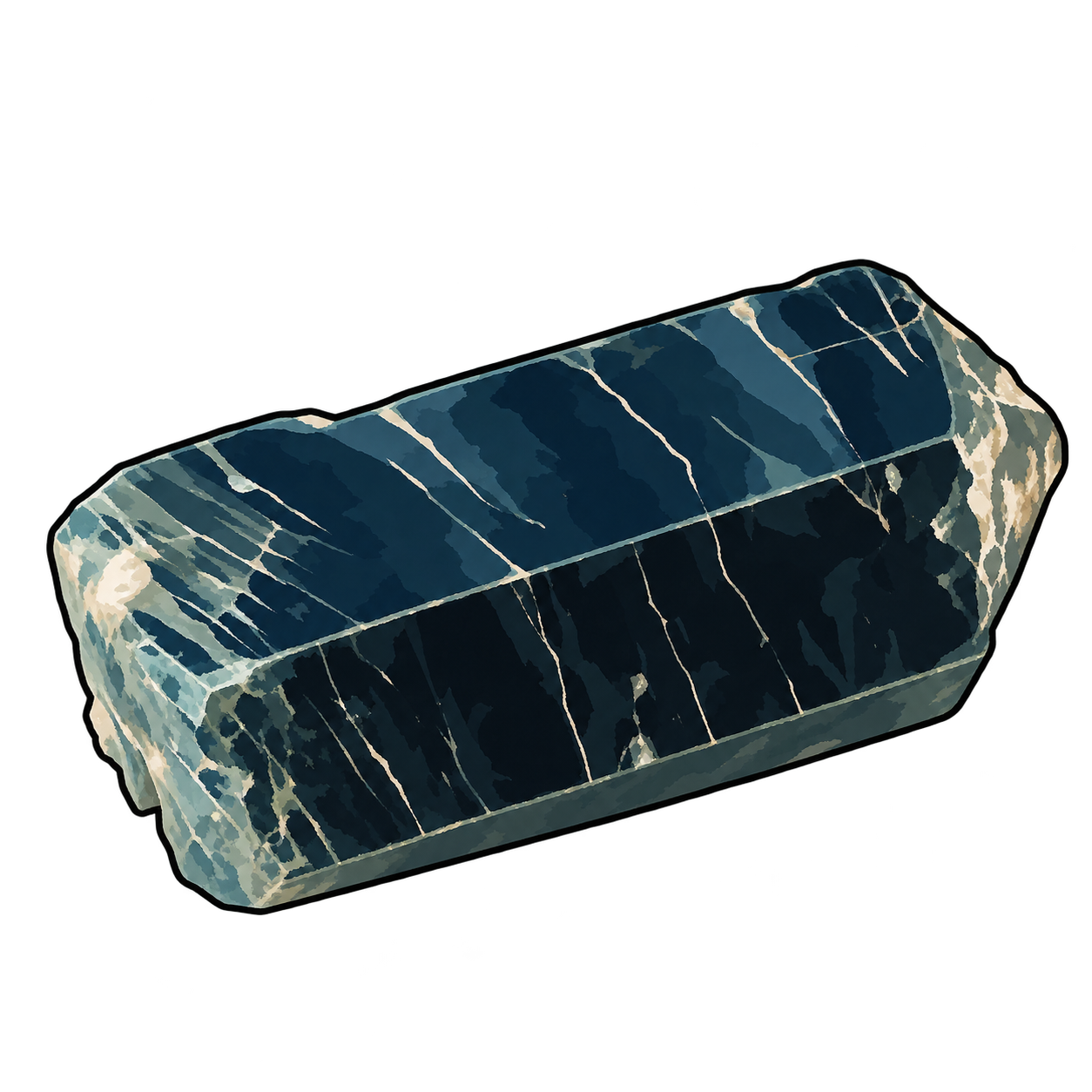 A dark blue-green prism lies diagonally across the composition. Fine cream lines traverse its long faces, while pale, irregular patches gather around the blunt ends and emphasize the contrast with the deeper interior colour.