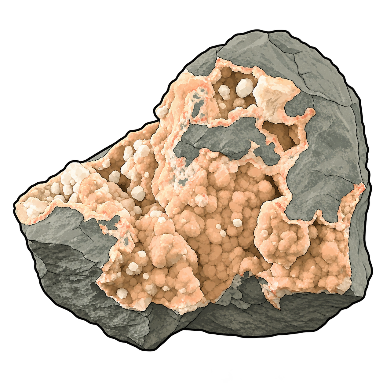 Small pale apophyllite crystals illustrated within peach-lined cavities of a fractured gray host rock.