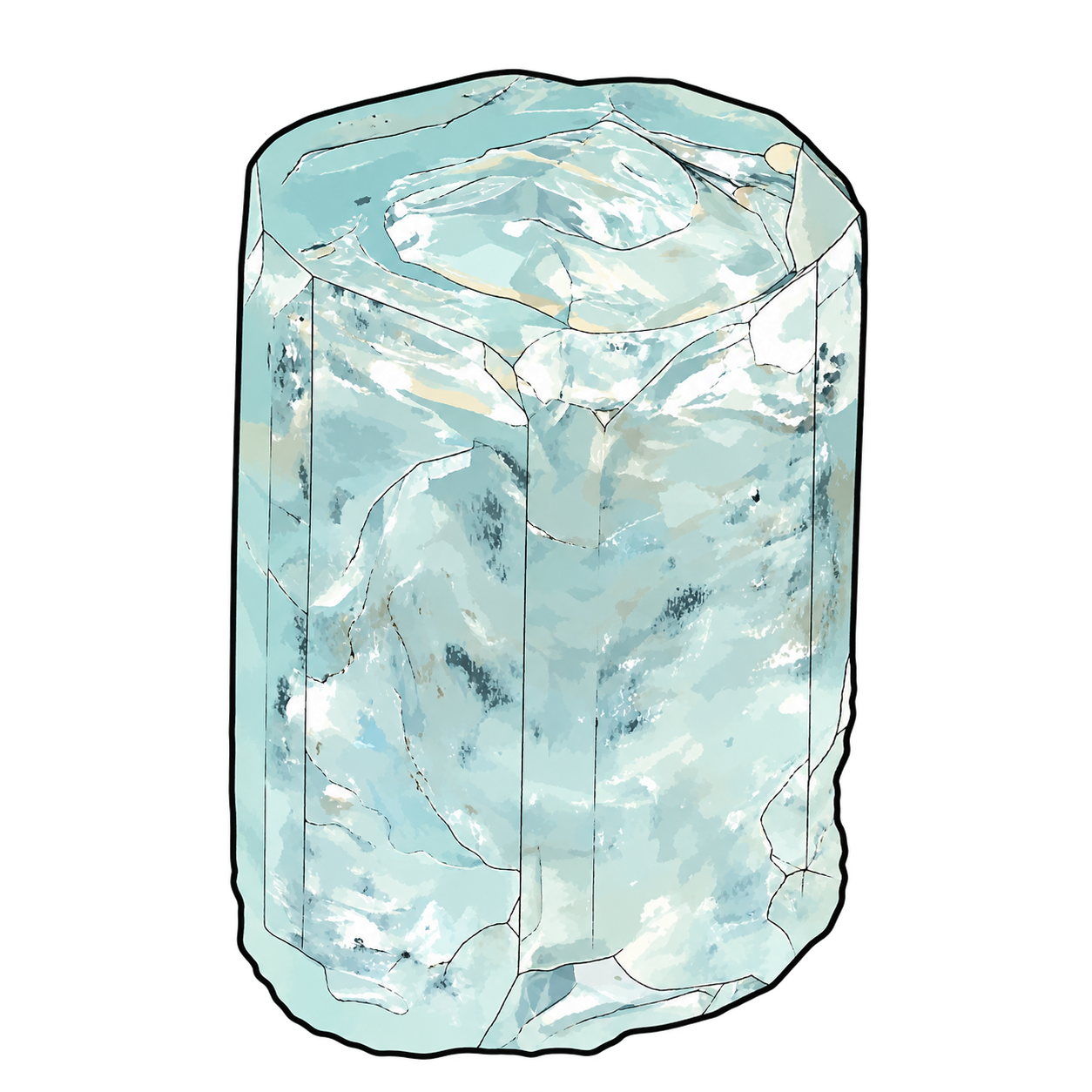 An upright pale aqua prism illustrated with broad vertical faces, a broken-looking upper surface, fine dark fractures and cloudlike white highlights.
