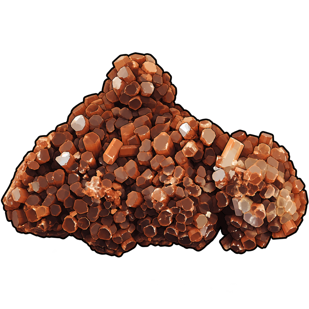 A rust-orange cluster rises into a broad central peak, crowded with short prisms and pale polygonal ends. Cream highlights and dark recesses make the tightly packed forms appear to radiate in several directions.