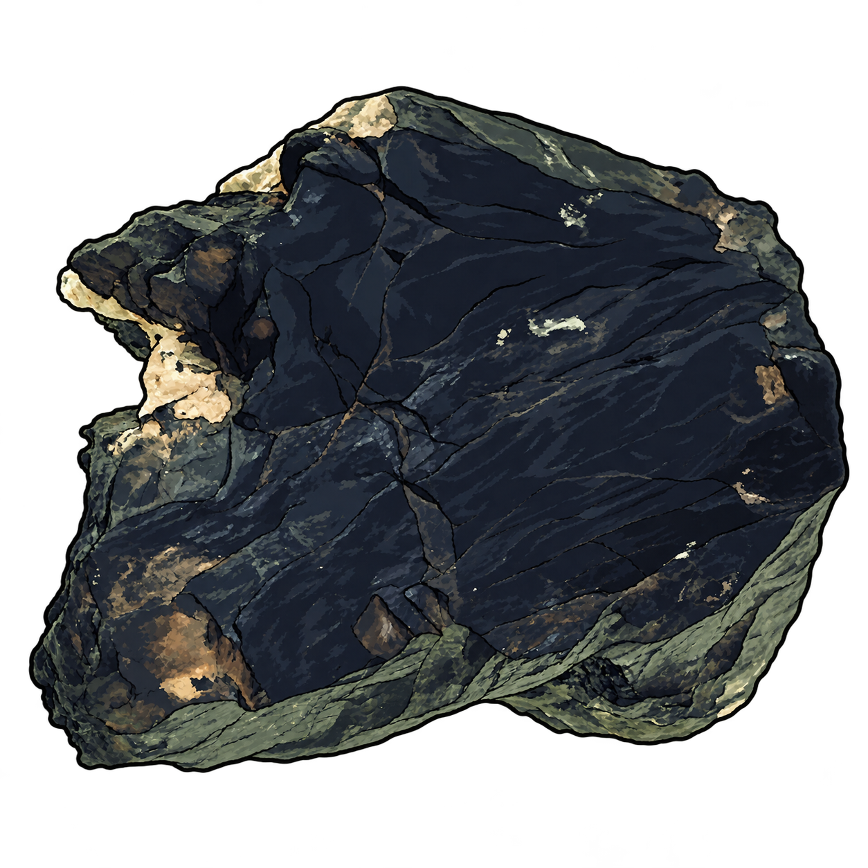 Arfvedsonite illustrated as a dark blue-black mass with long ridges, irregular fractures, green-gray margins and small patches of pale host rock.