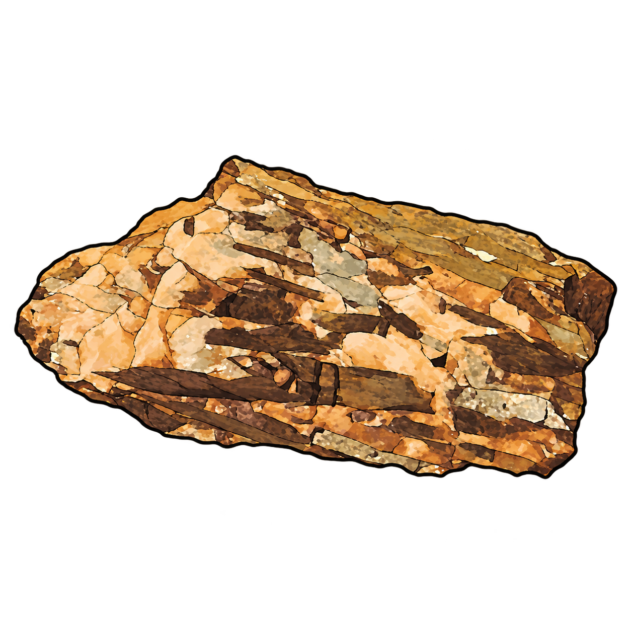 Astrophyllite-bearing rock illustrated with elongated copper-brown blades crossing pale peach, cream and gray mineral grains.