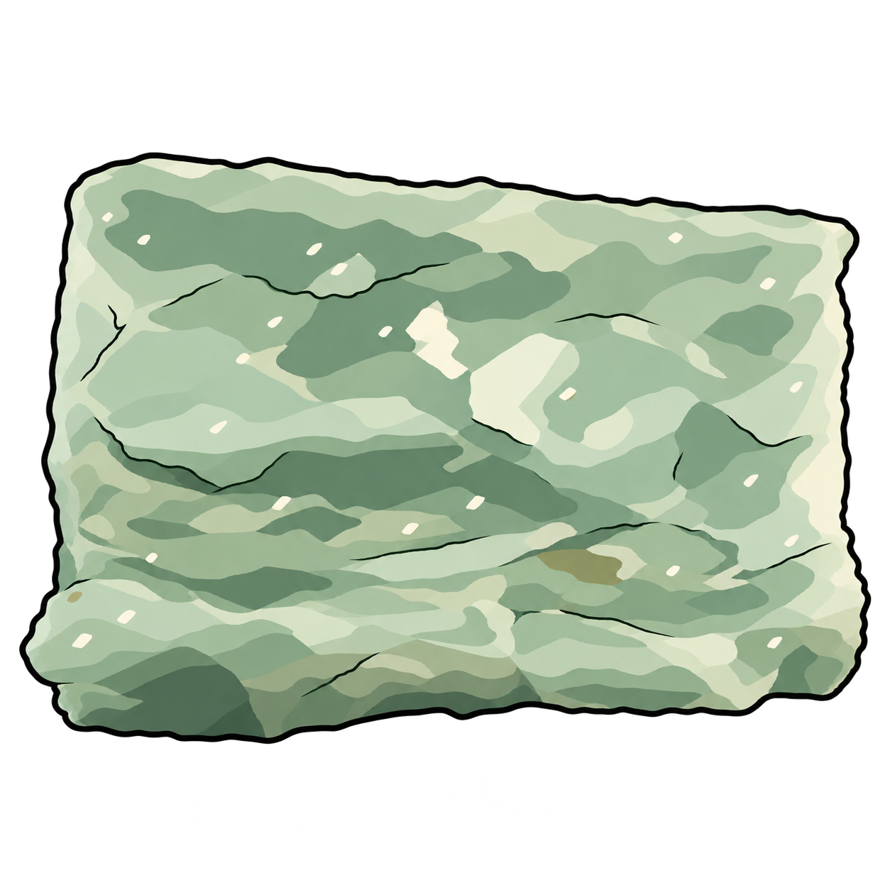 Pale green aventurine illustrated as a broad, irregular fragment with layered green shading, scattered cream-colored flecks and fine dark fissures.