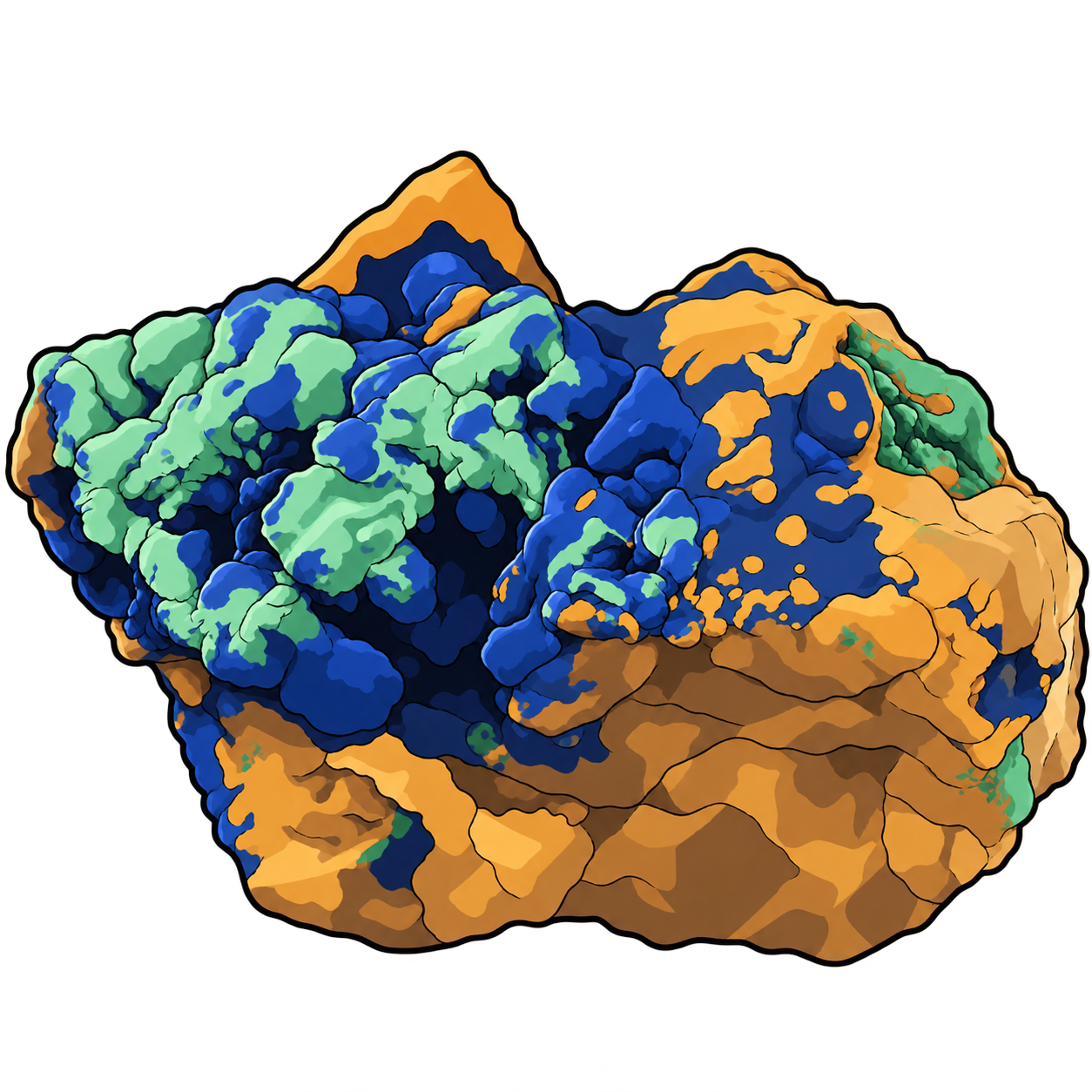 Azurite illustrated as deep-blue rounded growths among pale-green patches and ocher-brown rock.