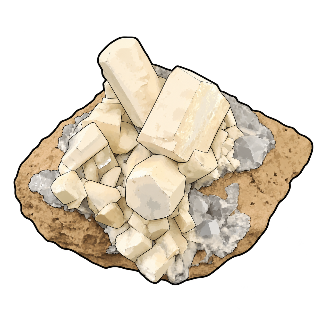 Cream-white prismatic crystals rise from a tawny base. Flat ends, gray patches and finely drawn edges emphasize the cluster's architecture rather than the transparency of a polished gemstone.