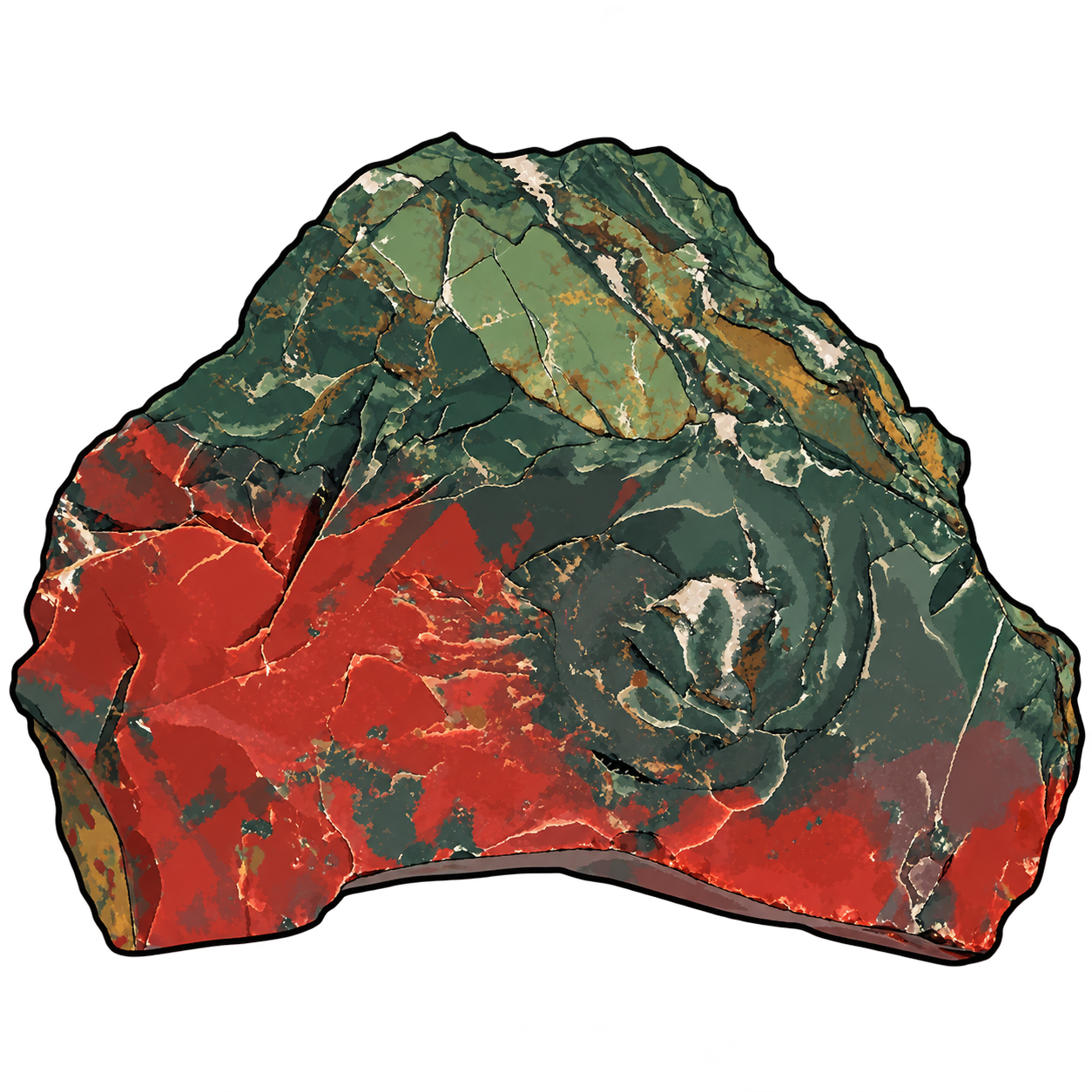 A roughly triangular stone illustration with dark forest-green upper areas and broad brick-red patches across the lower face. Pale seams and fine fractures divide the contrasting colors.
