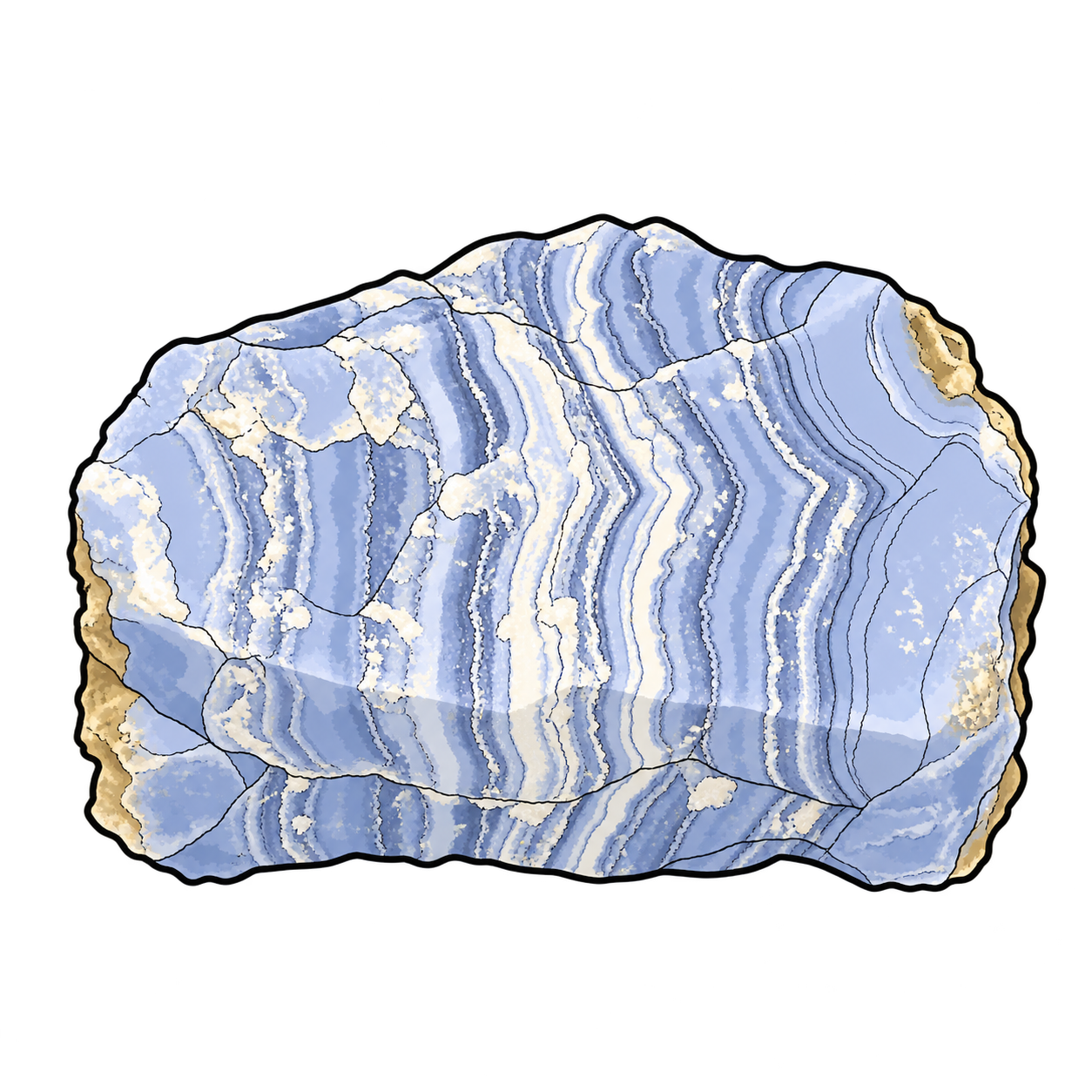 A broad, irregular blue lace agate illustration with closely spaced blue-and-cream ribbons, dark crossing fissures and a narrow ochre outer rim.