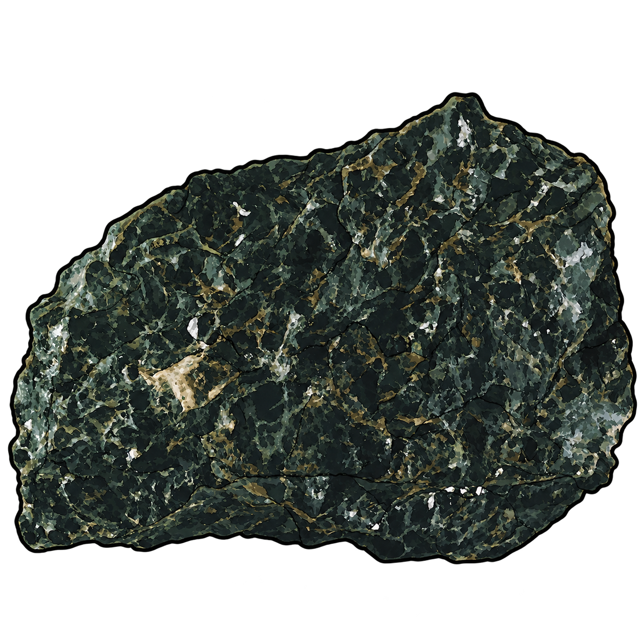 Bronzite-bearing material illustrated as a dark green-black angular fragment crossed by ochre seams and scattered pale reflective patches.