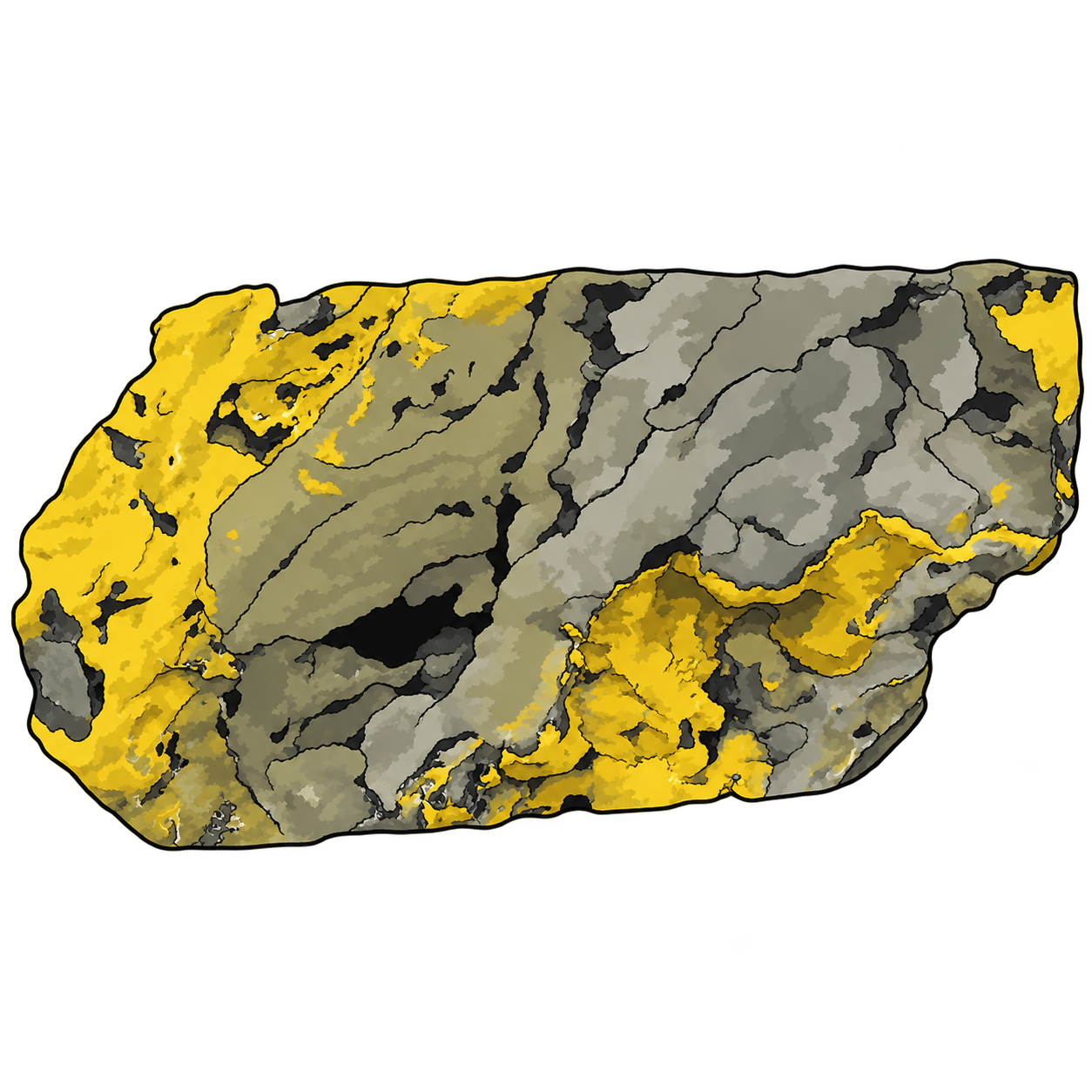 Bright yellow patches interrupt a gray and olive-toned rough stone, with dark seams and fractures tracing its uneven surface.