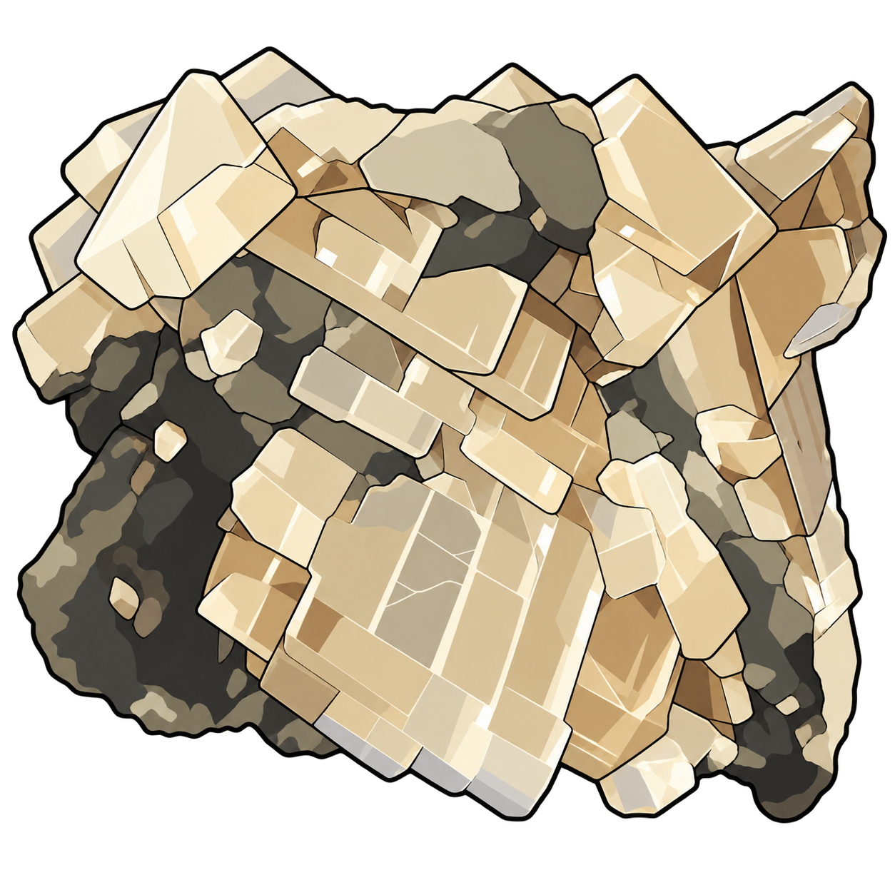 Honey-coloured, slant-sided crystals overlap across a charcoal-grey matrix. Cream highlights pick out broad faces and thin internal lines, giving the cluster a luminous, angular rhythm.