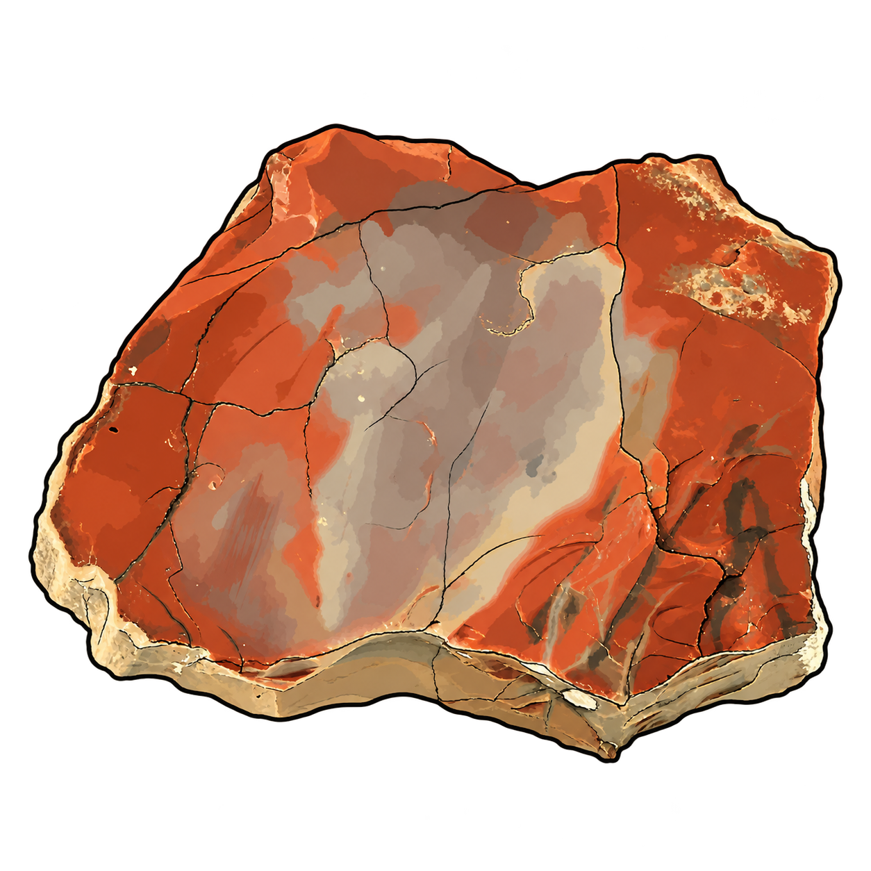 A broad, irregular stone illustration with burnt-orange margins, a cloudy gray-cream center and fine dark fractures crossing its face. A pale, rough outer edge contrasts with the warmer interior.