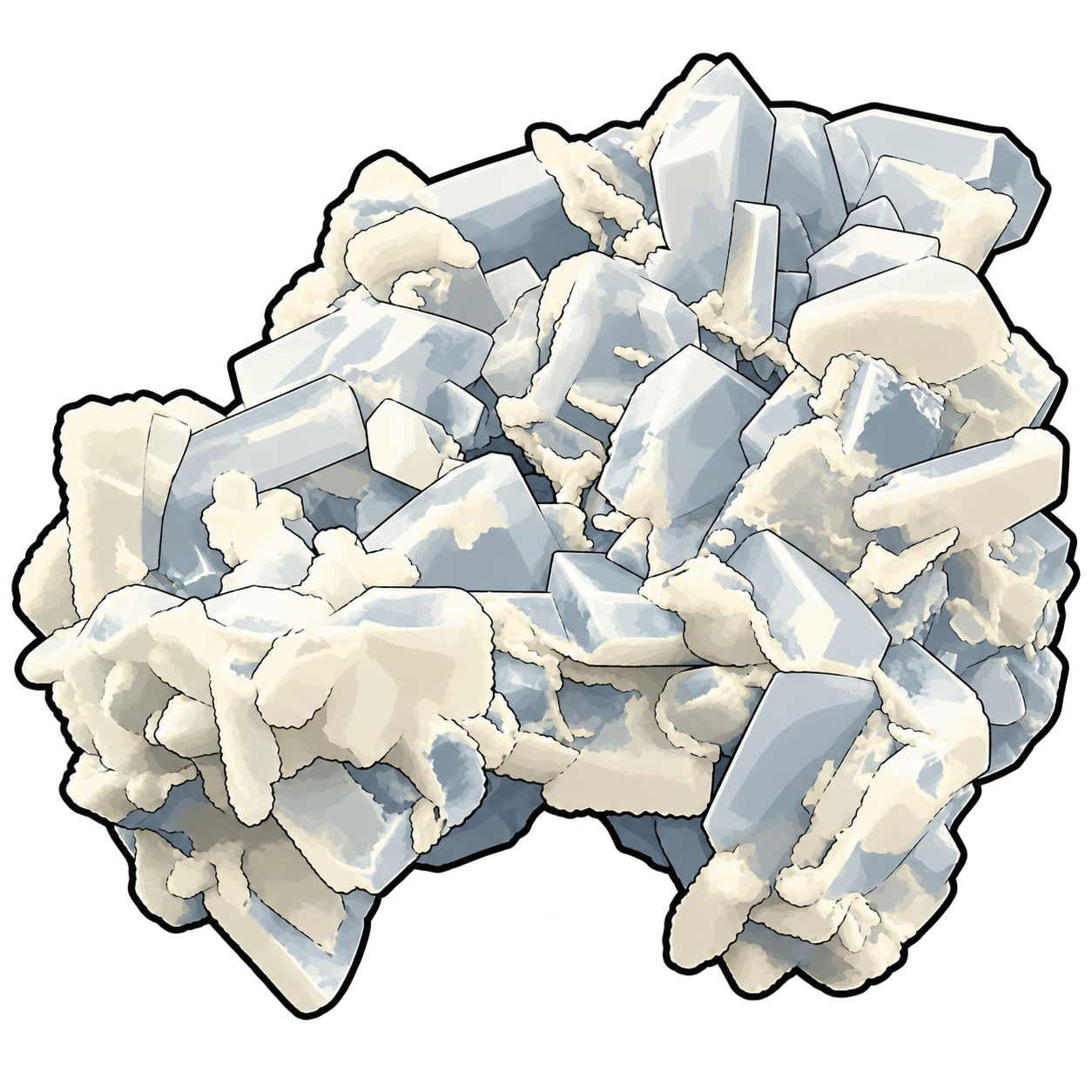 Pale blue-grey crystals cross and overlap in a dense cluster. Cream-coloured crusts cover portions of their broad faces and edges, while cool shadows separate the angular forms.