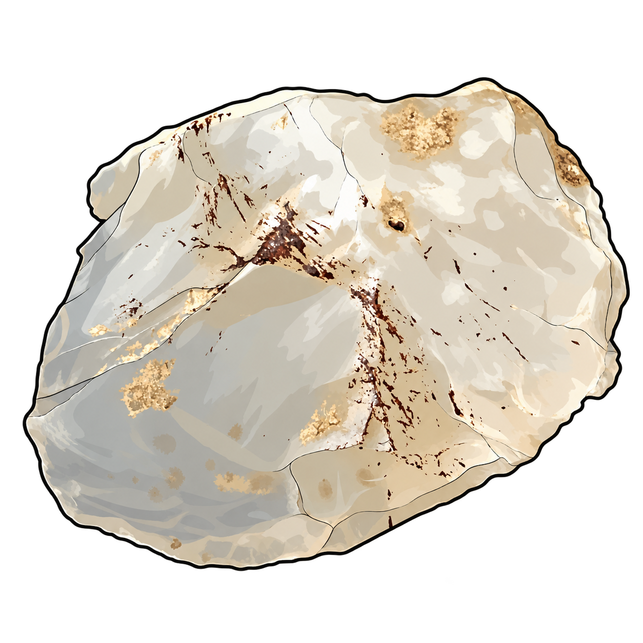 A broad, pale cream and gray stone illustration, crossed by fine fractures and rusty branching marks. Small ochre patches interrupt its softly shaded, irregular face.