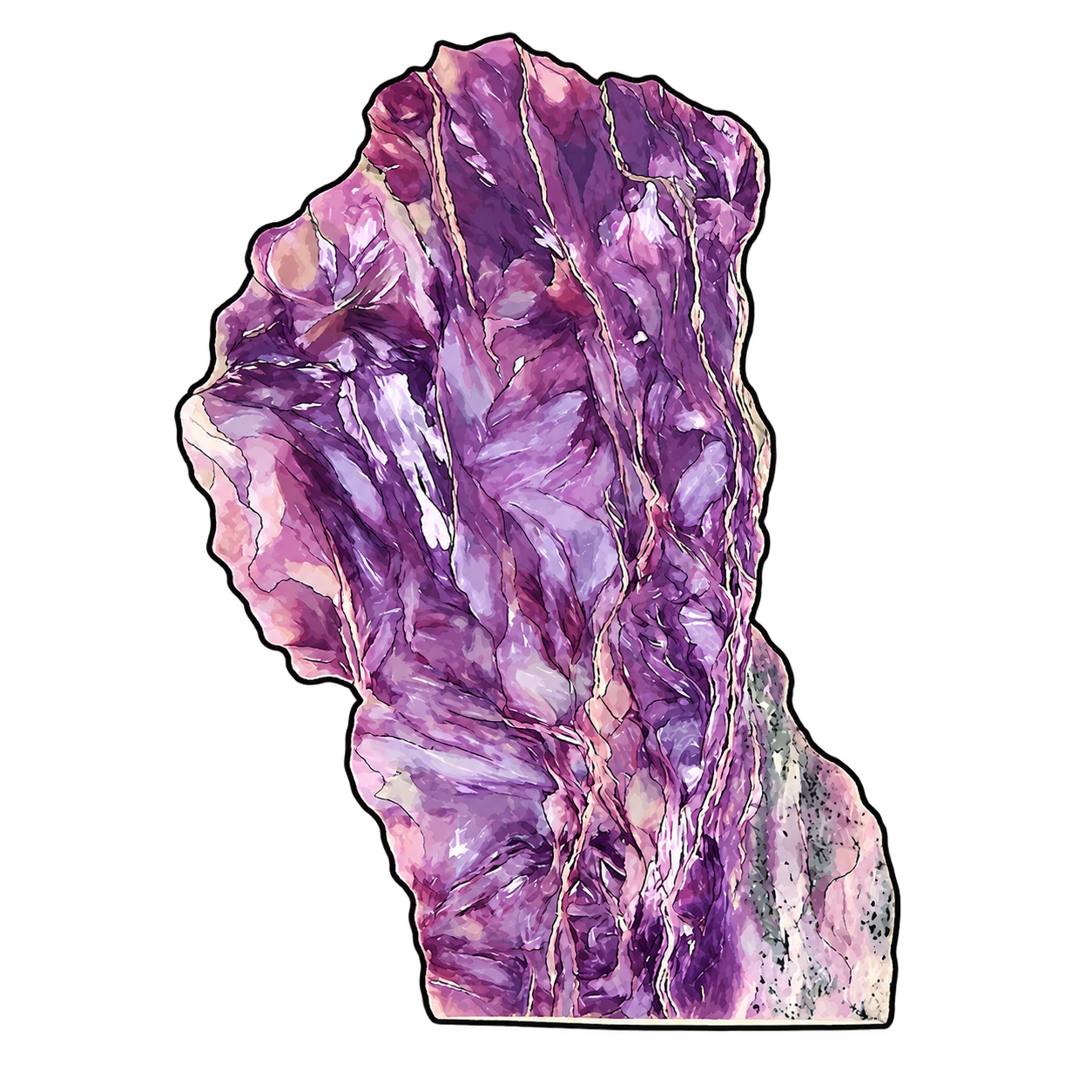 An upright violet-pink stone is illustrated with sweeping fibrous bands, pale seams, and a gray-white edge. The straight lower edge and swirling interior emphasize the contrast between a cut outline and the mineral's flowing texture.
