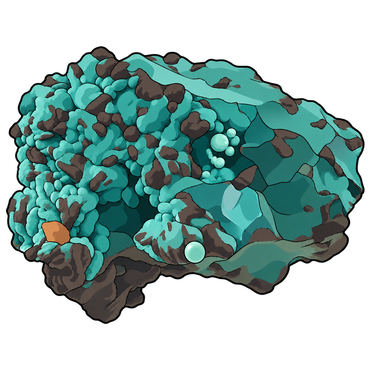 Chrysocolla illustrated with teal crusts and rounded nodules across an uneven dark-brown base.