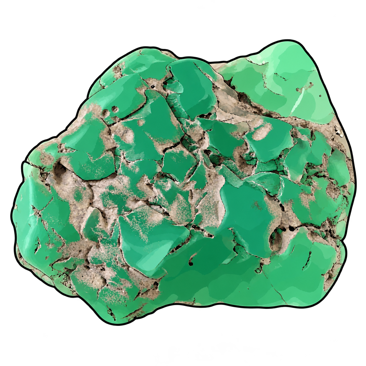 An irregular stone illustration with bright mint- and emerald-green patches separated by cream-gray matrix, dark crevices and small exposed cavities.