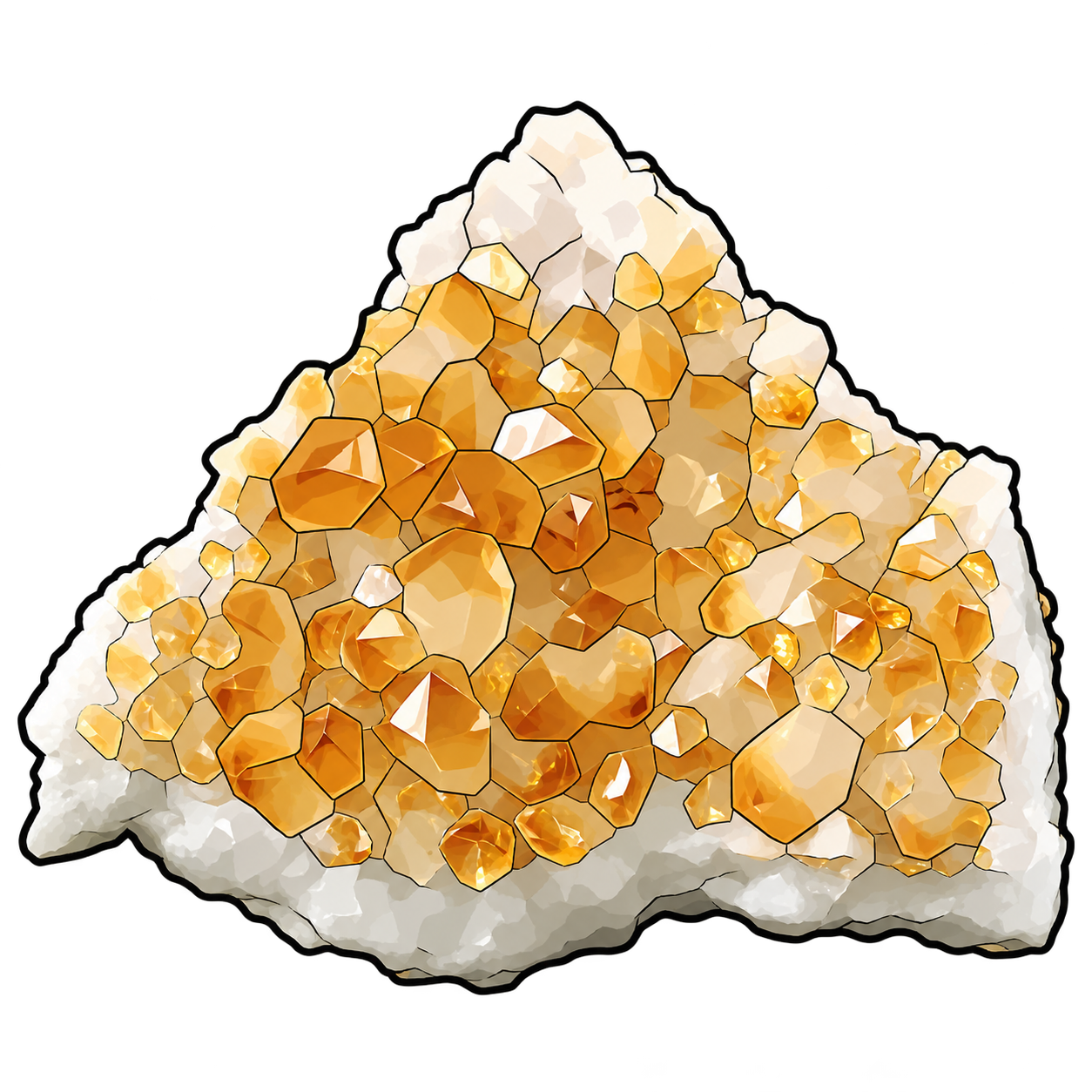 Citrine illustrated as closely packed golden-orange points, with pale crystal faces and a broad white base.