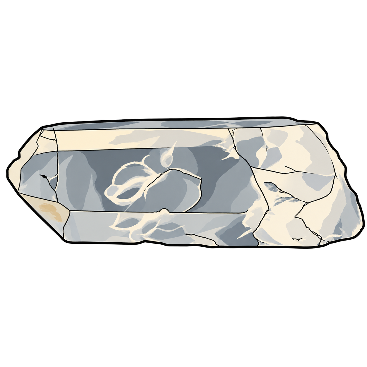 Clear quartz illustrated with broad prism faces, pale internal veils and a tapered crystal point.