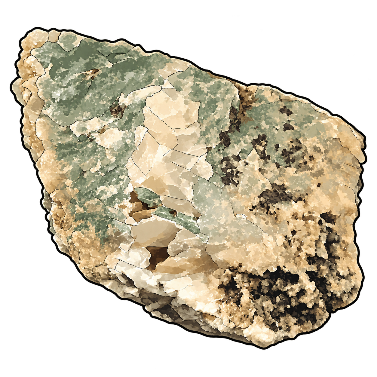 Cream-colored mineral patches and angular fractures cross a muted green-gray stone, with darker recesses emphasizing its irregular surface.