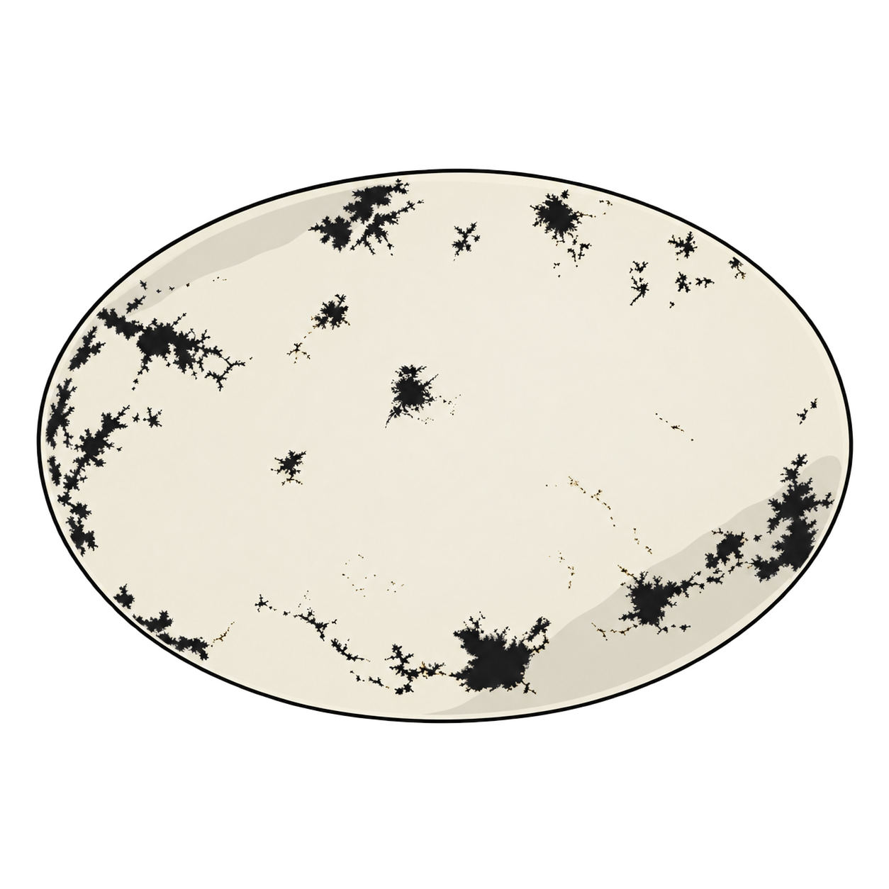 An oval, cream-colored cabochon illustration with small black branching clusters scattered across its center and denser fern-like markings around the edges.