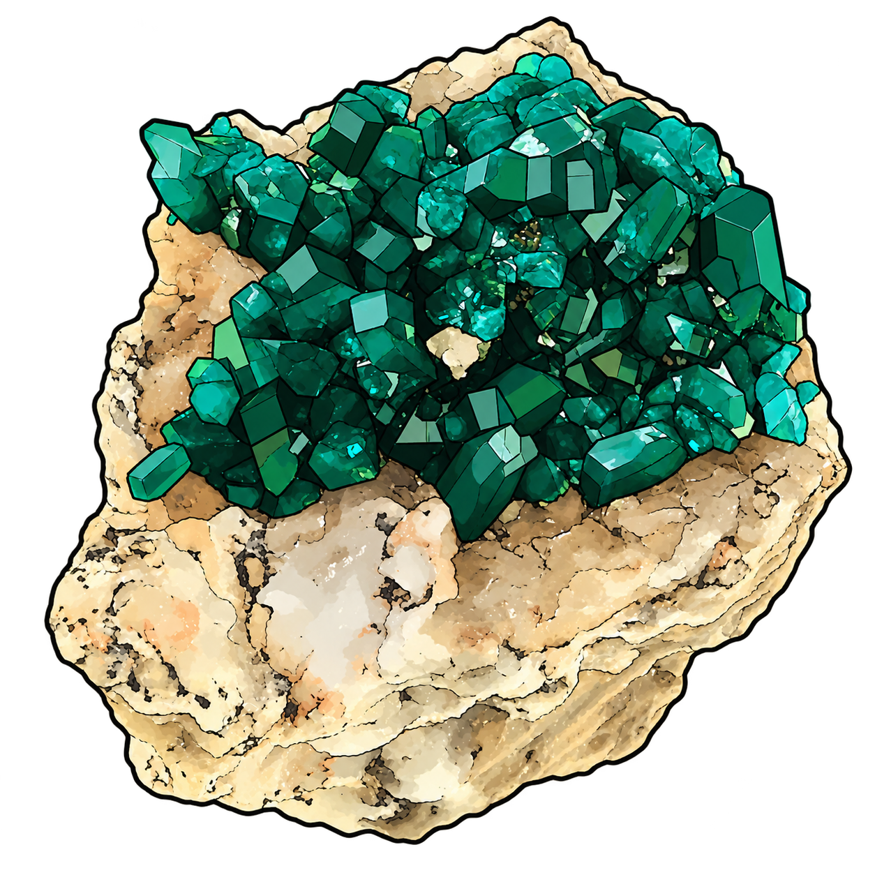 A dense group of emerald and blue-green crystals is illustrated on an irregular cream-colored base. Contrasting facets, dark recesses, and scattered pale highlights give the cluster depth.