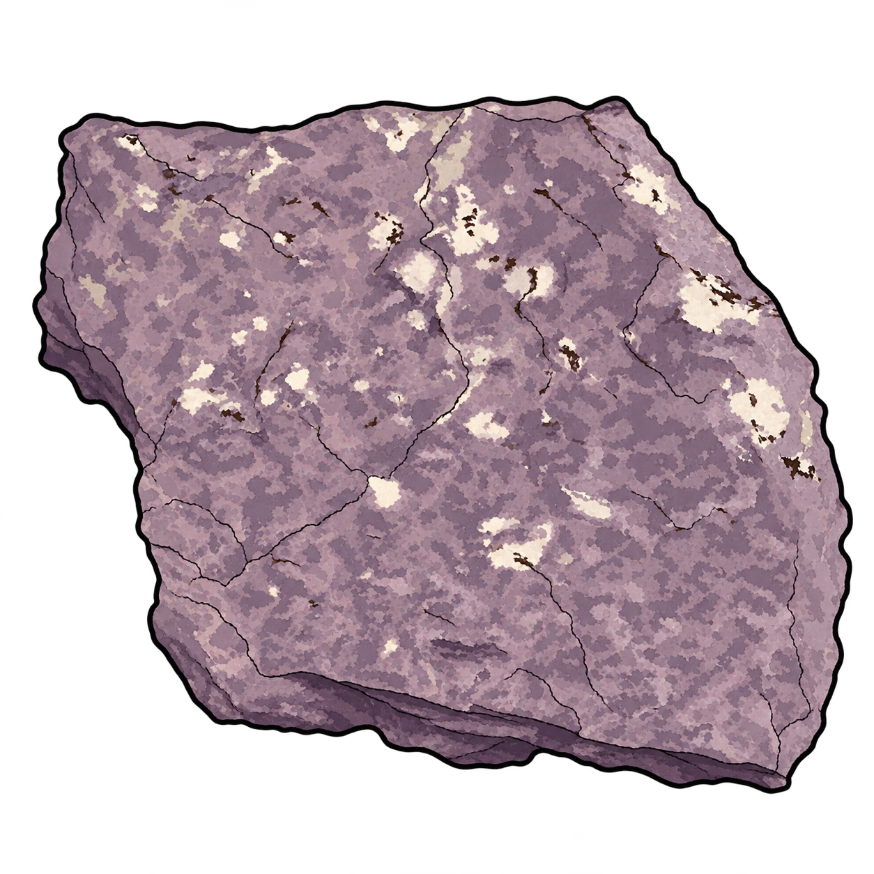 An angular violet-gray stone is illustrated with a compact, uneven surface, pale cream flecks, and fine darker fractures. Its muted mass contrasts with the transparent, needle-filled quartz sometimes associated with dumortierite.