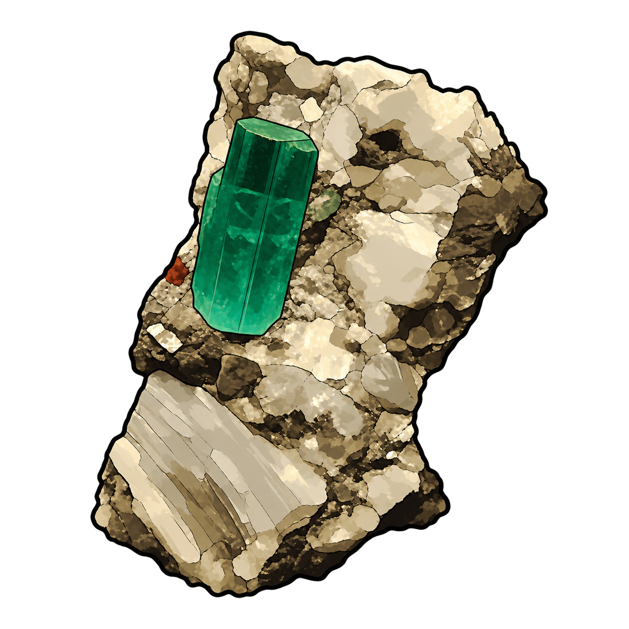 A vivid green, flat-topped prism rises from a rugged cream and brown matrix, with dark outlines and mottled highlights emphasizing the contrast between crystal and surrounding rock.