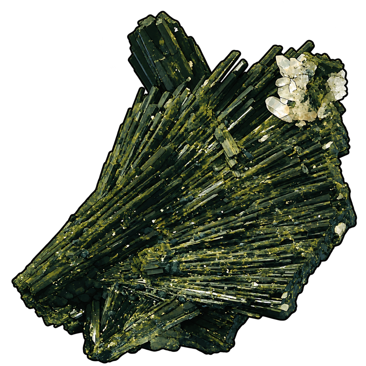 Slender olive-black prisms spread in a dense fan, their long ridges picked out by yellow-green highlights. A broad upright crystal rises at the upper left; pale angular forms brighten the opposite edge.