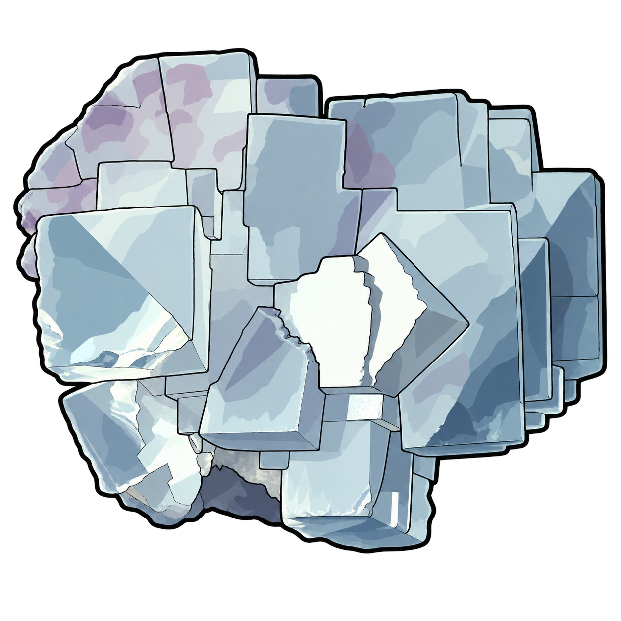 Overlapping blue-grey cubes form a stepped cluster, with lilac patches near the upper edge and bright, broken planes below. Dark outlines emphasize the interlocking geometry while pale washes suggest translucent surfaces.