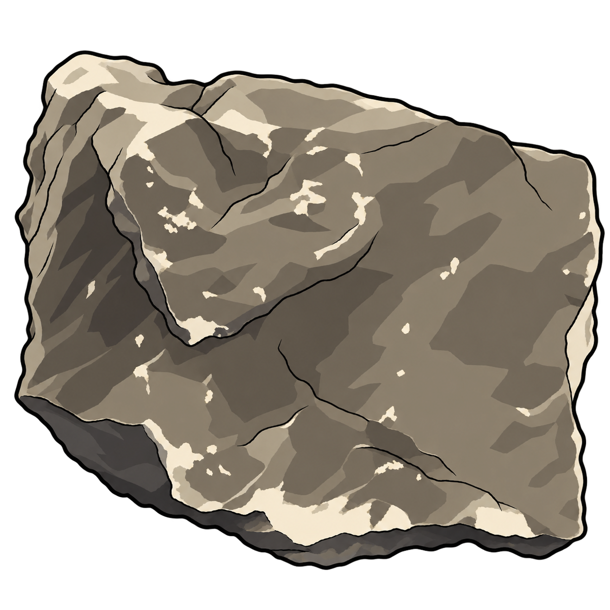 An angular gray-brown rock fragment is crossed by pale cream markings and fine cracks. The restrained illustration emphasizes its uneven surface and embedded fragments rather than presenting a reconstruction of the original organisms.