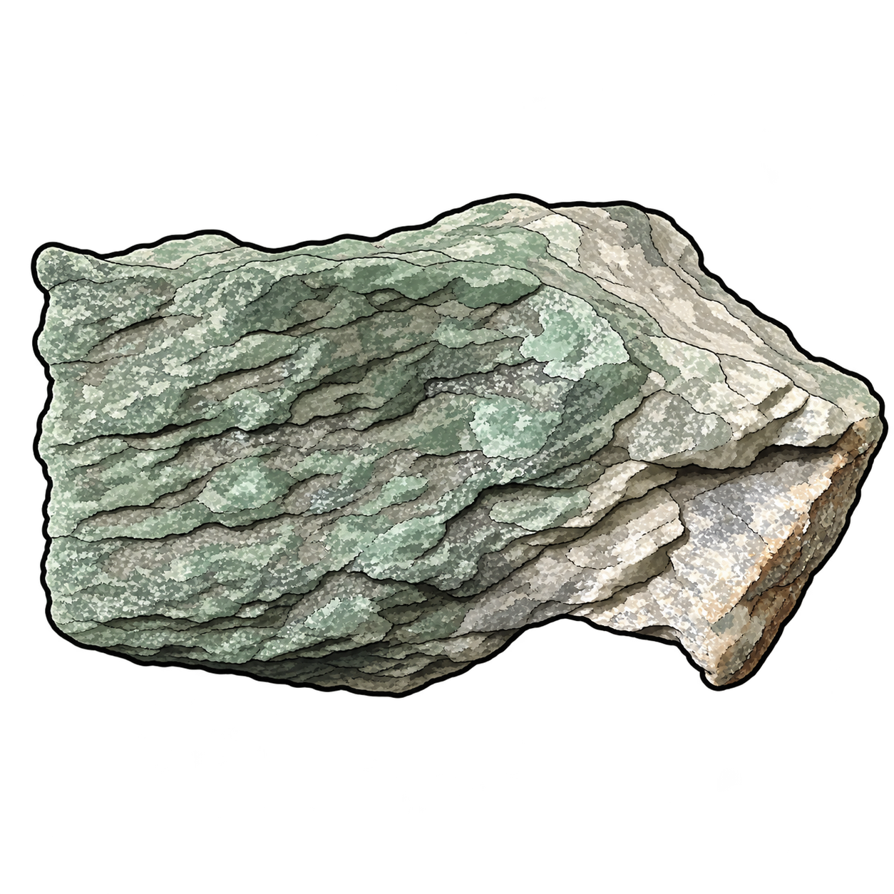 A long, pale green-gray mineral mass is illustrated with overlapping, rippled layers, silvery edges, and a cream-colored margin. The emphasis is on the stone's folded, flaky texture rather than a polished surface.