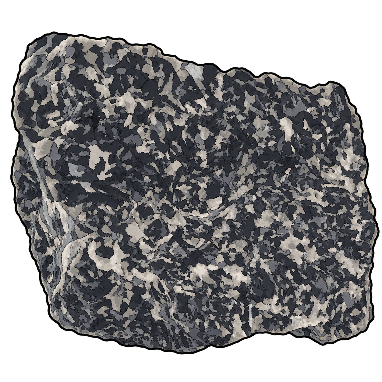 Gabbro illustrated as a broad angular fragment with an interlocking pattern of charcoal-gray, pale-gray and cream mineral grains.