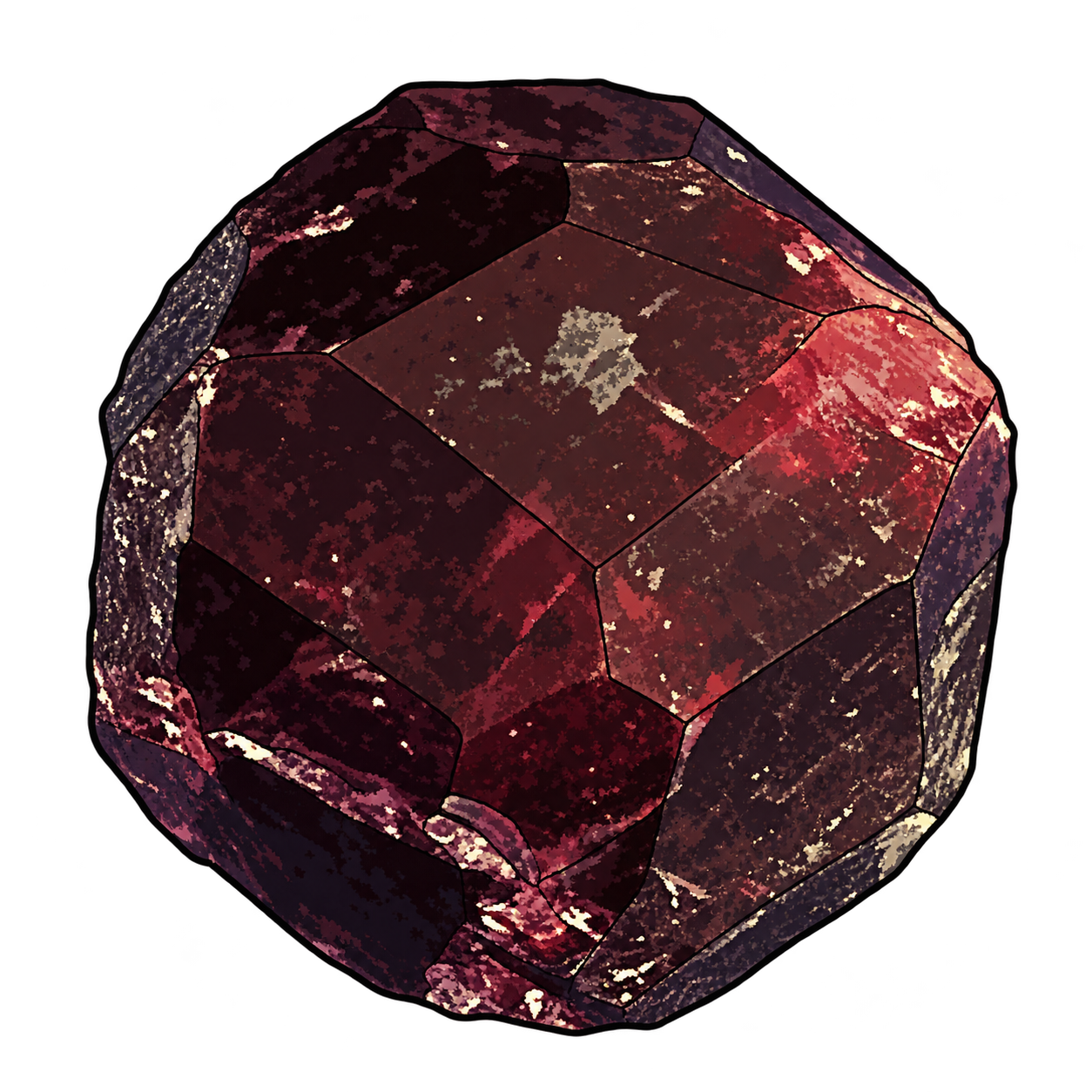A deep burgundy crystal illustrated with broad polygonal faces, nearly black shadows and scattered pale surface accents.