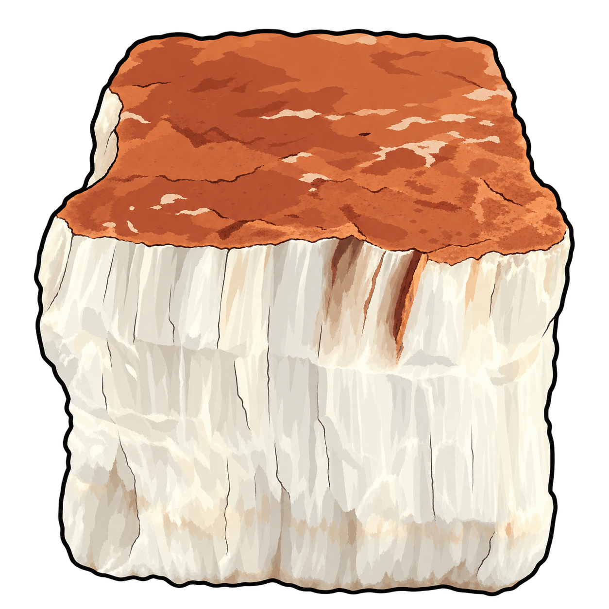 A broad orange-brown cap rests above a thick white band of closely aligned fibres. Fine grey shadows and cream streaks emphasize the vertical texture, while a few darker seams interrupt the pale surface.