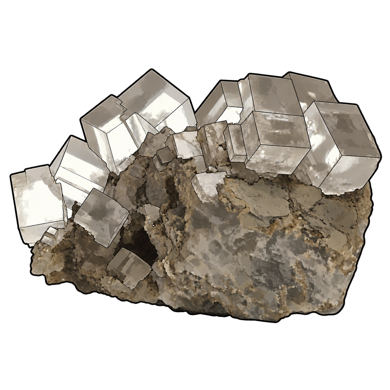 A cluster of translucent-looking white and smoky-gray cubes rises from a rough brown-gray base, with bright square faces and smaller blocky crystals along the edges.