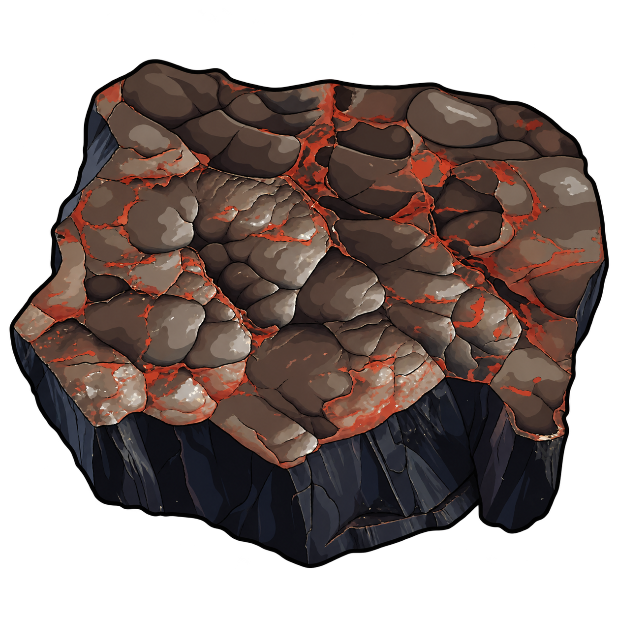 Rounded dark brown lobes are illustrated above a sharply broken, dark fibrous-looking edge. Red-orange seams and scattered pale reflections trace the boundaries between the raised surfaces.