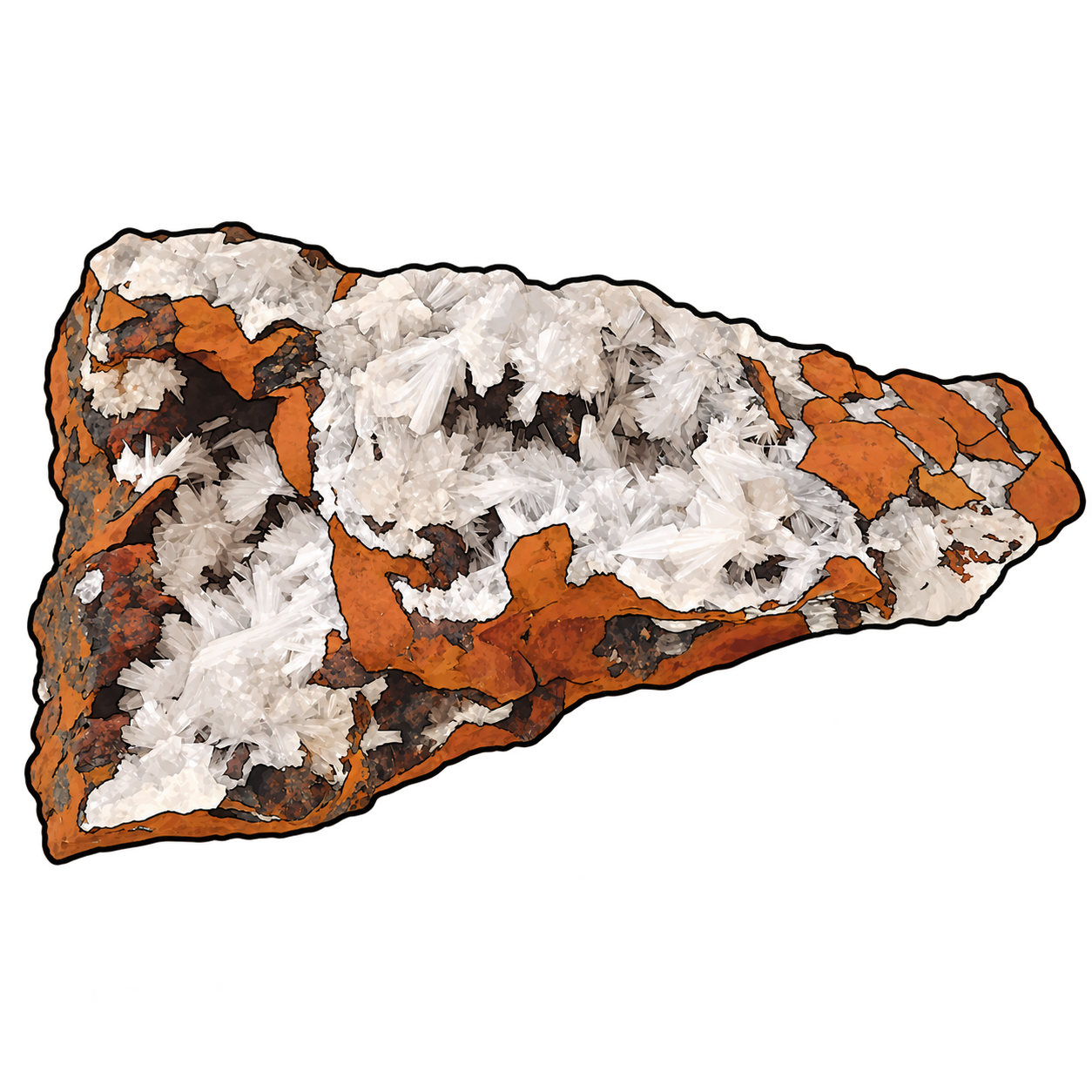 White, fan-shaped crystal sprays are illustrated across an elongated rusty orange-brown matrix. Dark cavities separate the pale blades and emphasize their radiating arrangement.