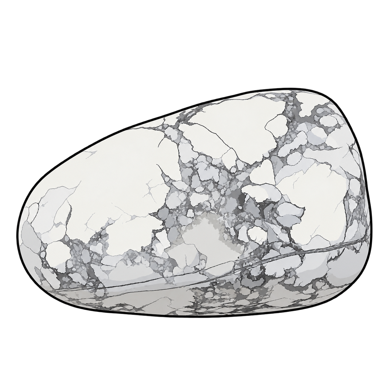 A rounded, triangular white stone is illustrated with a smooth surface and branching gray veining.