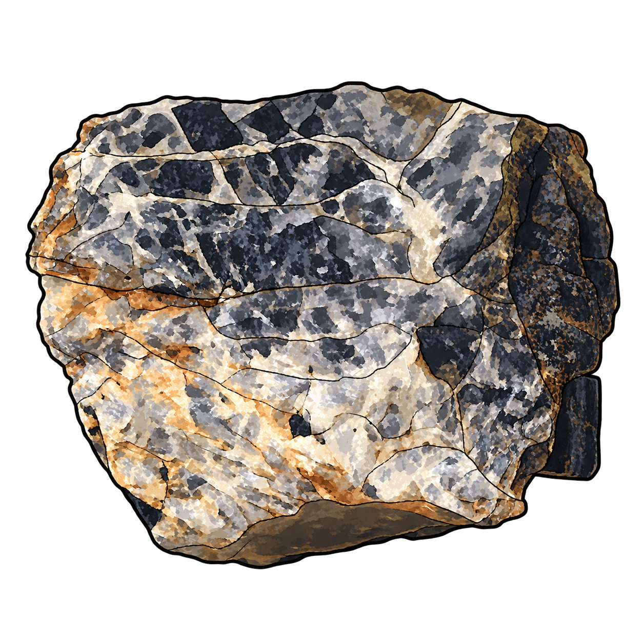 Hypersthene-bearing rock illustrated with broad dark-gray grains, a pale cream network and ochre patches along irregular fractures.