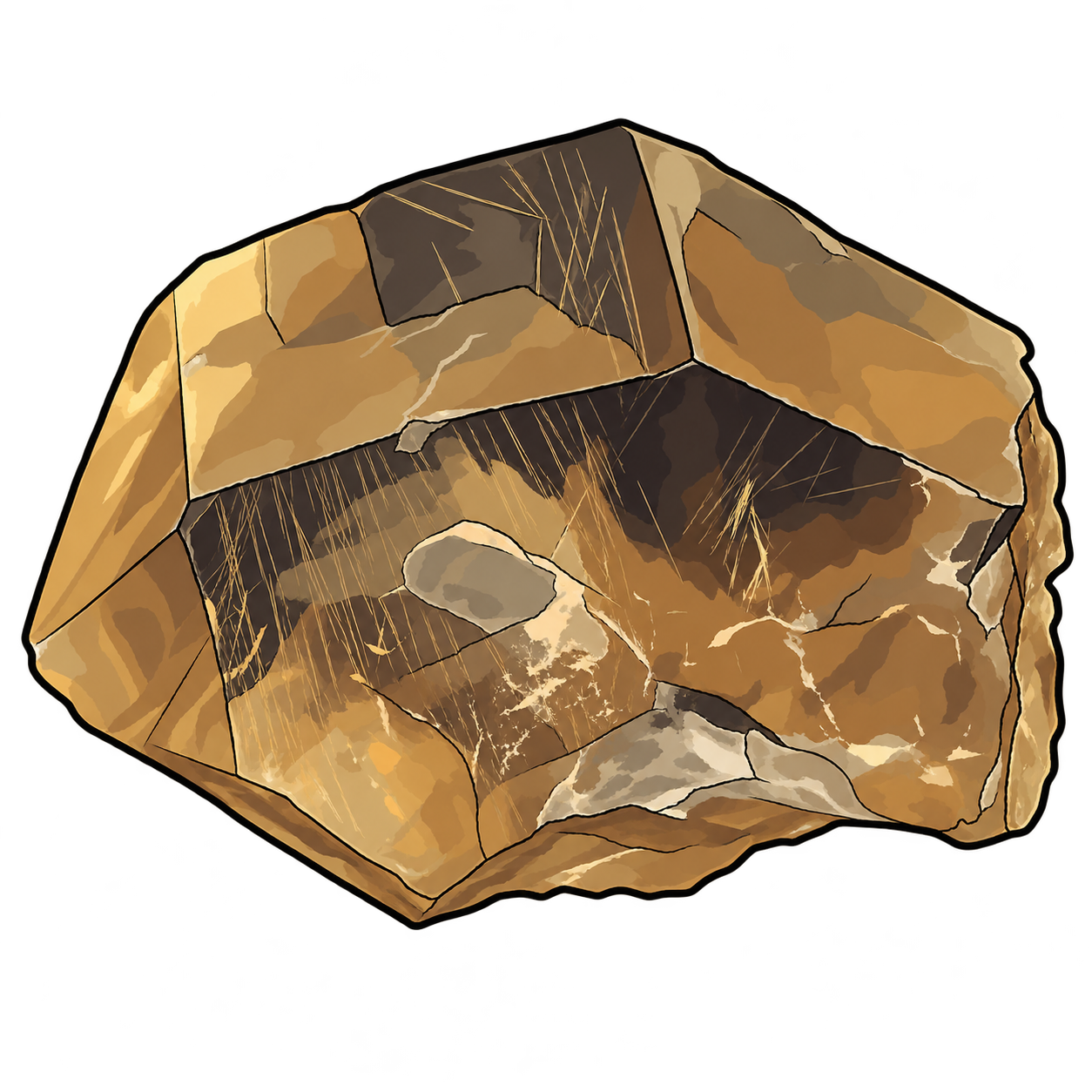 Included quartz illustrated as an angular brown-gold fragment, with fine golden needles crossing darker interior areas and pale fractured edges.
