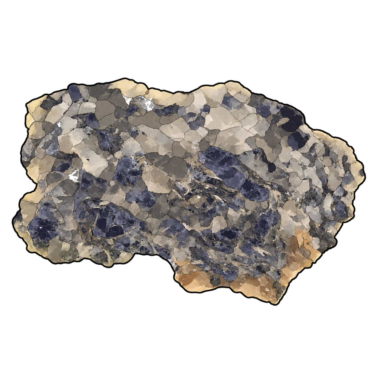 Muted indigo patches interrupt a coarse mosaic of cream and gray grains. The irregular outline and ocher lower edge present cordierite as part of a rock, rather than as a transparent, faceted jewel.
