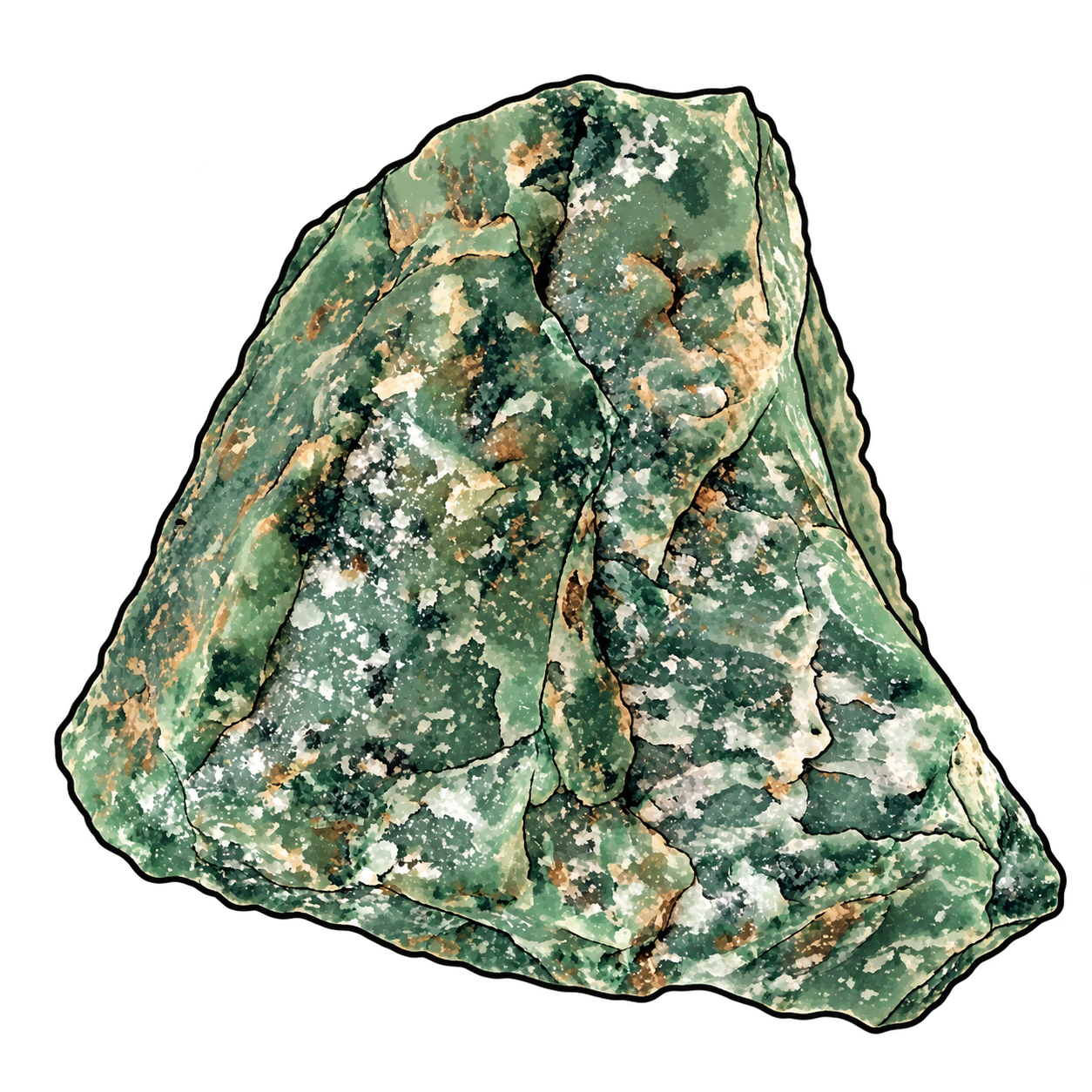 An irregular green stone illustrated with pale granular mottling, dark branching fractures and ocher accents along the broken surfaces.