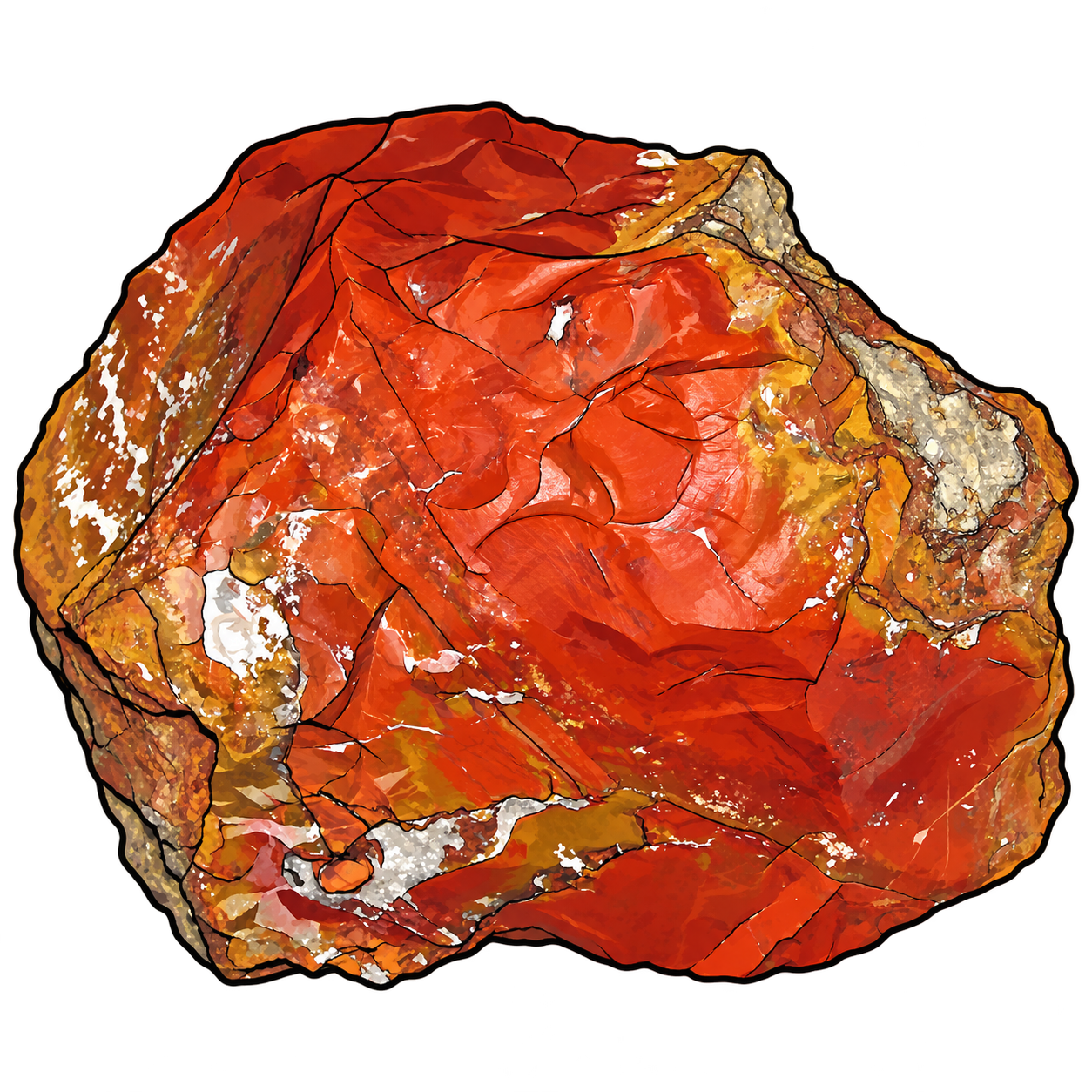 An irregular red-orange stone illustration crossed by fine dark fractures. Ochre margins, pale gray patches and scattered white highlights frame a broad, richly colored central surface.