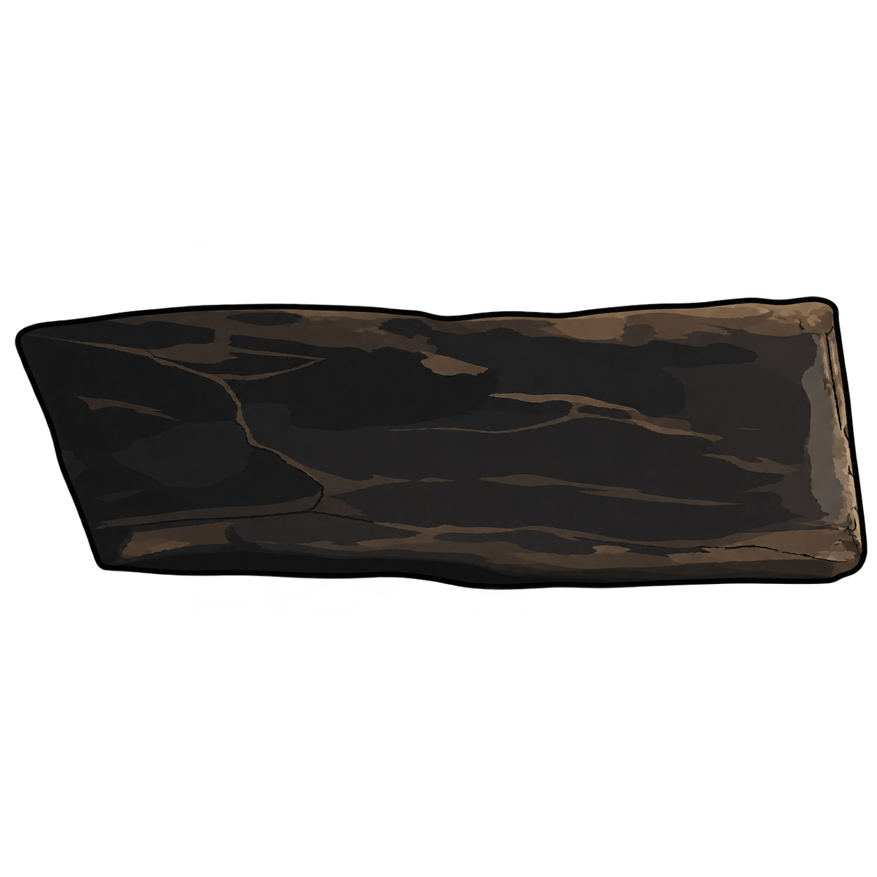 An elongated black-brown piece with a flattened face, subtle lengthwise markings and a gently tapered end.