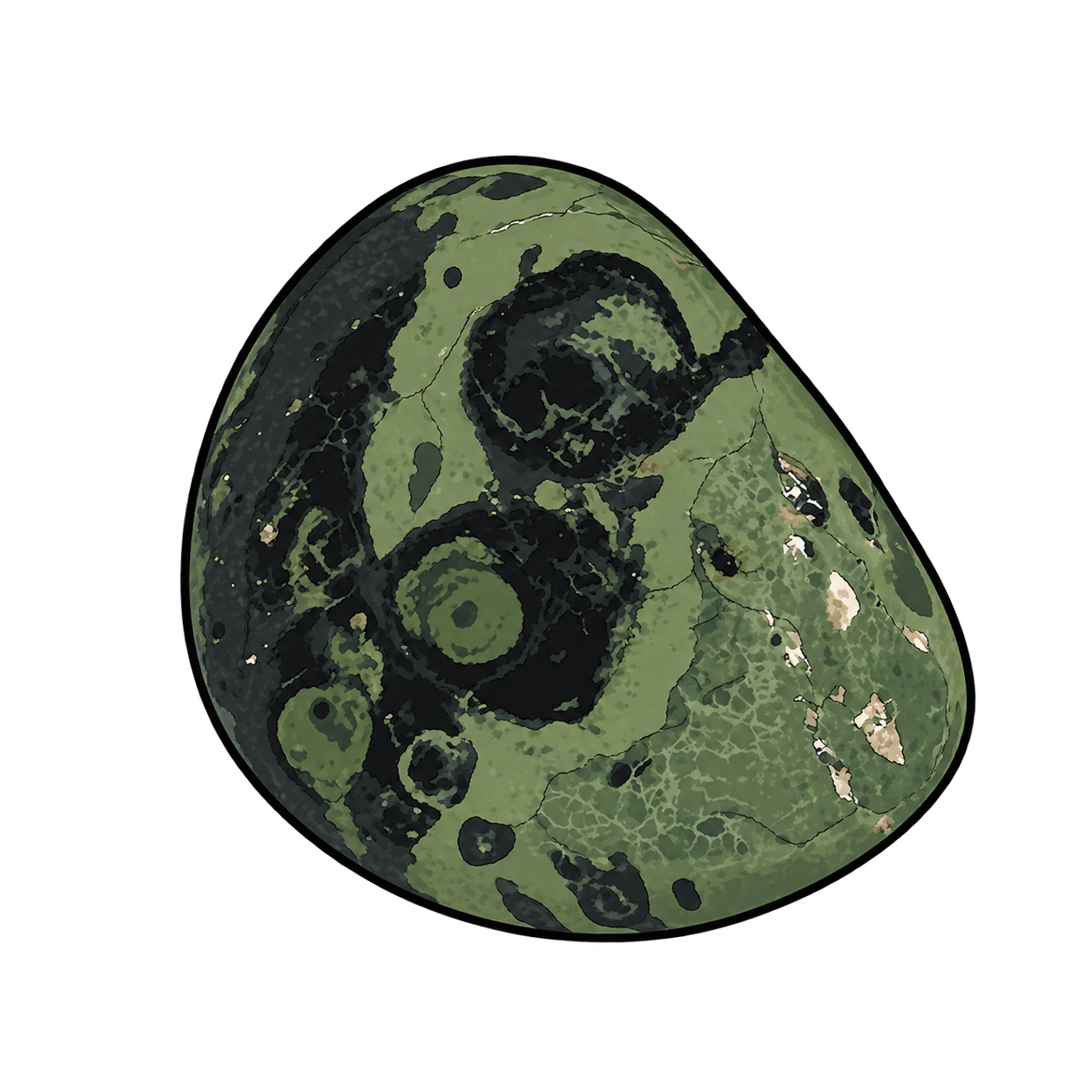 Kambaba stone illustrated as a rounded green piece with charcoal-black rings, irregular dark patches and fine pale seams.