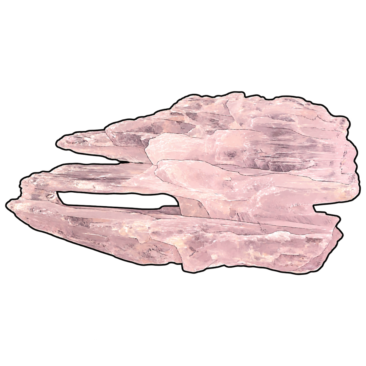 A pale rose fragment spreads horizontally into layered projections. Fine gray fractures and white highlights trace its broad surfaces, while open slots give the left edge a delicate, branching silhouette.