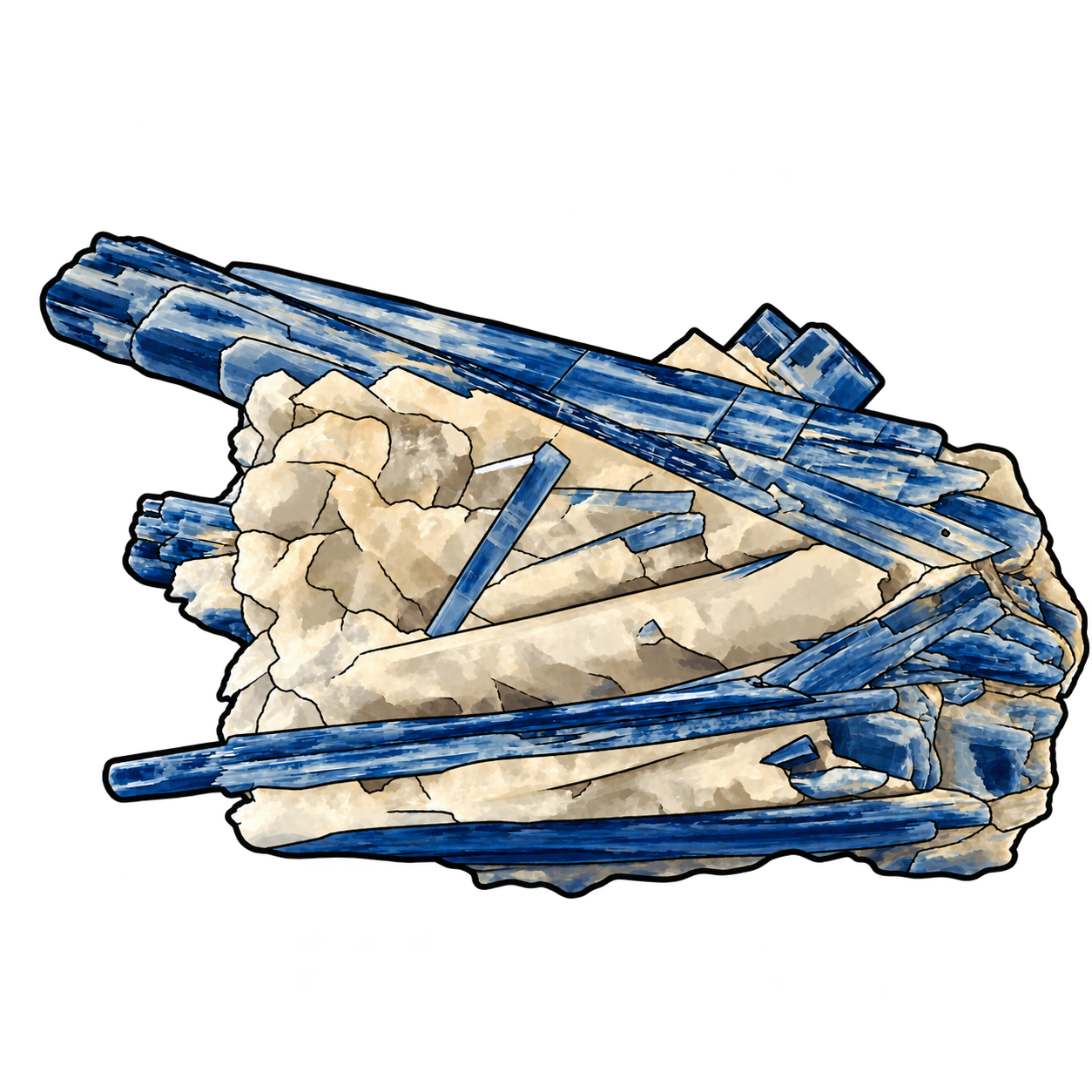 Deep blue blades cross a cream-colored matrix in long, angular strokes. Pale streaks follow their length, while dark outlines distinguish broken edges, overlapping crystals and the rough rock beneath them.