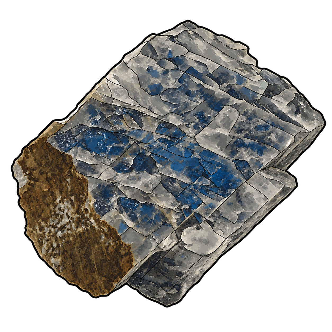 Labradorite illustrated as a broad gray fragment with angular faces, deep blue patches and a rough brown edge.